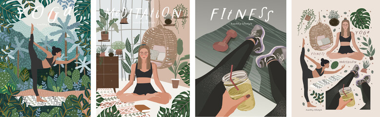Fototapeta Fitness, yoga and meditation. Vector illustrations of a healthy lifestyle, proper nutrition, people involved in sports in nature, at home and in the studio obraz