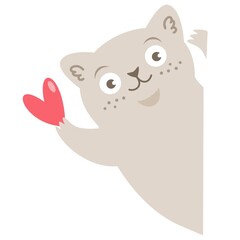 Cute vector illustration. The cat looks out and holds a heart. Flat vector illustration