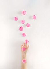 Obraz na płótnie Canvas Natural background with creative copy space made of pink rose petals and female hand. Minimal concept. Flat lay.
