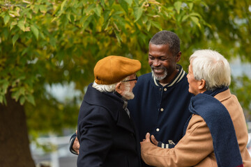 Fototapeta premium Positive multiethnic men hugging in autumn park.