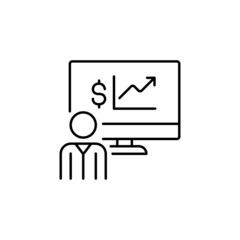 Business and finance outline vector icon. Computer, man, chart vector icon