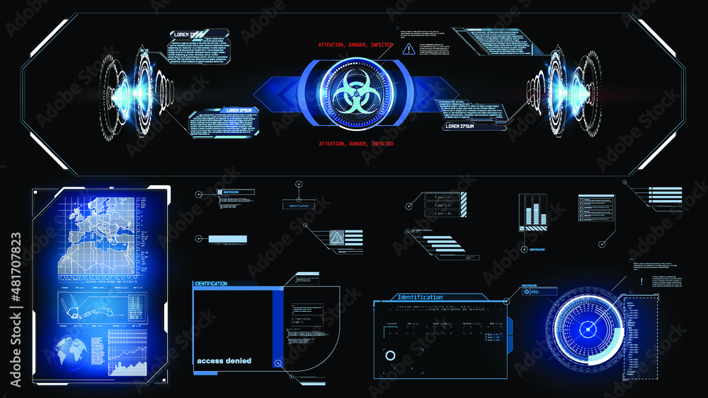 Poster Futuristic Vector HUD Interface Screen Design. Digital callouts titles. HUD UI GUI futuristic user interface screen elements set. High tech screen for video game. Sci-fi concept design