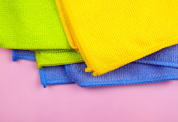 Multicolored microfiber cloths for cleaning various surfaces. Regular clean up.