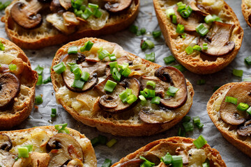 Ciabatta toast with mozzarella cheese and champignons sprinkled with green onions, top view