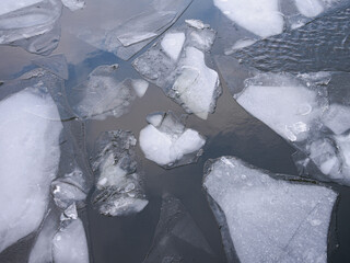 Top view of cracked ice, texture of ice.