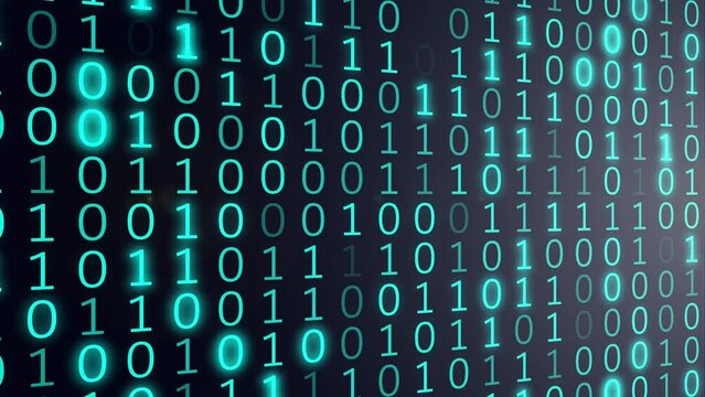 Futuristic digital binary data on computer screen. 4K seamless loop motion of flashing numbers. Abstract background. Code, program concept.