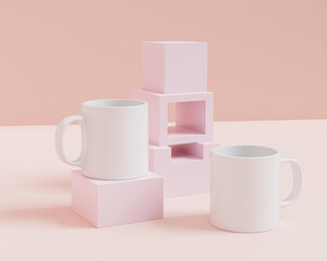 Mockup with white mug, cup for tea or coffee on pink background, blank template for your design, branding, business. 3d render