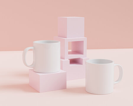 Mockup with white mug, cup for tea or coffee on pink background, blank template for your design, branding, business. 3d render
