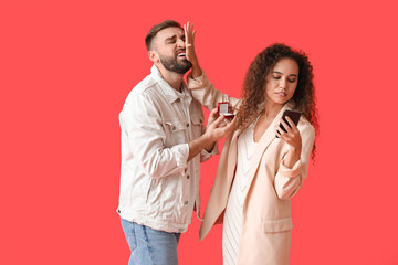 Young African-American woman rejecting marriage proposal on color background - obrazy, fototapety, plakaty