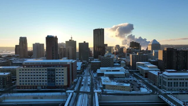Downtown Saint Paul, Minnesota stock drone footage on winter morning
