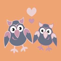 two owls in love with hearts. Cartoon birds. Pastiche. Children drawing