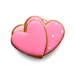 Fototapeta premium Pink heart-shaped cookies with icing and polka dots, sweet valentine's day dessert, isolated on white background