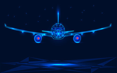 A digital futuristic airplane flying in the starry sky. A low-poly model of air transport. Blue background. An abstract airliner built from dots. Vector illustration.