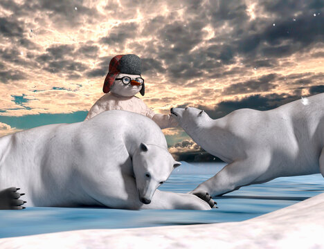 Snowman with cute bears. Enjoy winter.