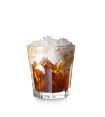 Glass of delicious White Russian cocktail on white background