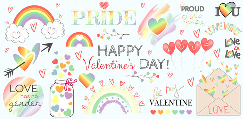 Festive stickerpack on LGBT topic containing phrases, lgbt symbols, rainbows, hearts for congratulation with Valentines day. Trendy lettering and festive text design. Gay pride and love concept