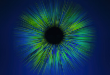 Illustration of a blue electrify human iris on black background. Digital artwork creative graphic design.