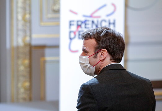 French President Emmanuel Macron attends the "French Design 100" prize at the Elysee Palace in Paris