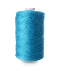 Blue sewing thread spool on white background