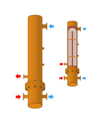 Vertical shell and tube heat exchanger with inside structure variant and ways of inhaust or exhaust explanation isolated on white. Vector illustration.