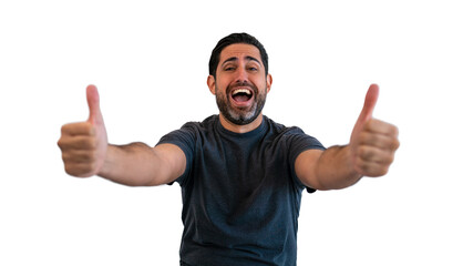 Handsome man approving doing positive gesture with hand, thumbs up for success