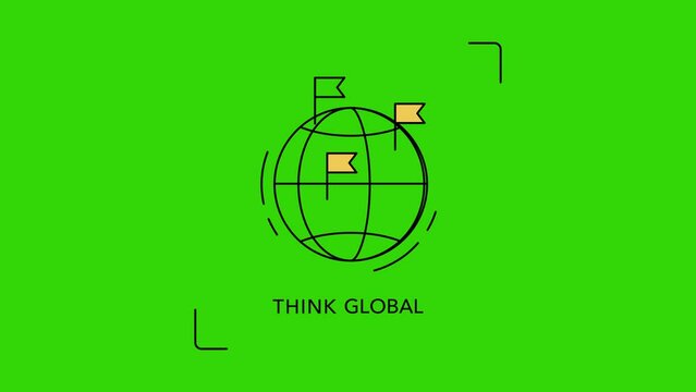 4k video of cartoon thinking global icon on green background.