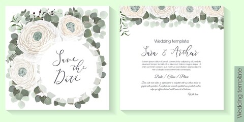 Vector template for wedding invitation. White ranunculus, roses, eucalyptus, green leaves and plants, round frame.