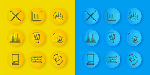 Set line Voice assistant, Music equalizer, Drum, Musical note in human head, book with, sticks, speech bubble and Pause button icon. Vector