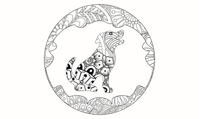 Dog pattern. Illustration of dogs. Mandala with an animal. Dogs in a circular frame. Coloring page for kids and adults.
