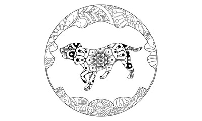 Dog pattern. Illustration of dogs. Mandala with an animal. Dogs in a circular frame. Coloring page for kids and adults.