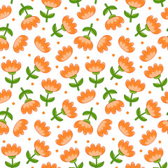 Seamless pattern with cute orange tulip flowers and polka dots on a white background. Spring flowers, delicate packaging decoration for world women's day. Vector illustration in minimalistic flat