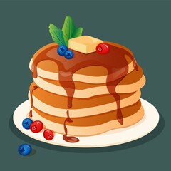 A set of four pancakes with syrup or honey on a white plate. Breakfast concept. Vector