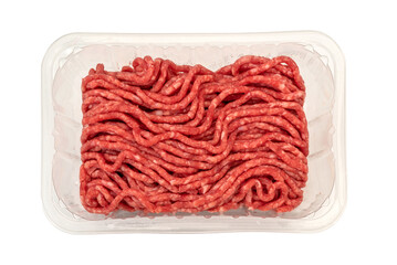 Ground beef in plastic tray for sale in supermarket, top view, flat lay, clipping path