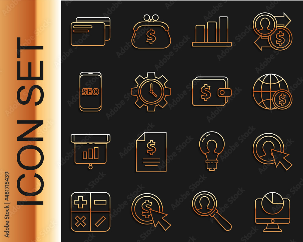 Poster set line computer monitor with graph chart, user of man in business suit, earth globe dollar, pie in