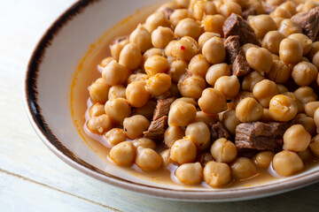 Traditional delicious Turkish foods; Turkish Food Chickpeas with Meat. Turkish name; Etli nohut