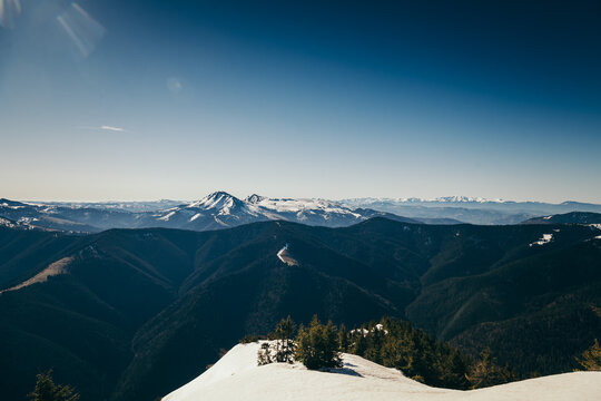 Winter mountains remnants of snow, spring, coniferous forest