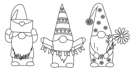 Gnomes. Valentine's Day. Outline illustration. Funny gnomes with letter, flags, camomile flower. Love, wedding, greeting card, valentine. Illustrations isolated. For printing and electronic media.
