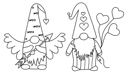 Gnomes. Valentine's Day. Outline illustration. Funny gnome with heart balloons. Dwarf Cupid with wings, bow and arrows. Love, wedding, greeting card, valentine. Illustrations isolated. For printing