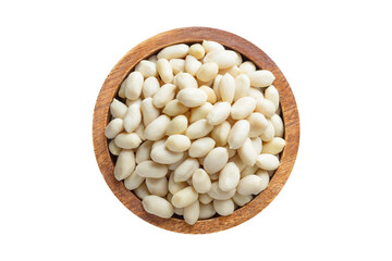 peanut peeled in wooden bowl isolated on white background. Vegan food, top view.