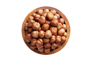 hazelnut peeled raw in wooden bowl isolated on white background. Vegan food, top view.