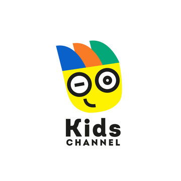 Kids channel logo. Kids educational channel. School, preschool for children. The head of the child in glasses. Smile and fun. Logo, sign template. Print for t-shirt. Vector.