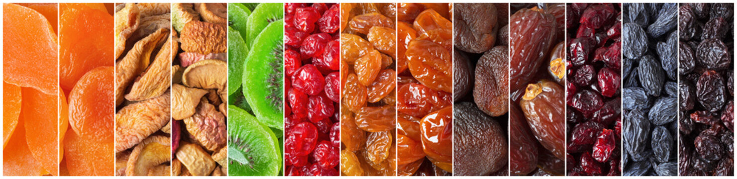 collage candied dried fruits and berries. colorful food background.