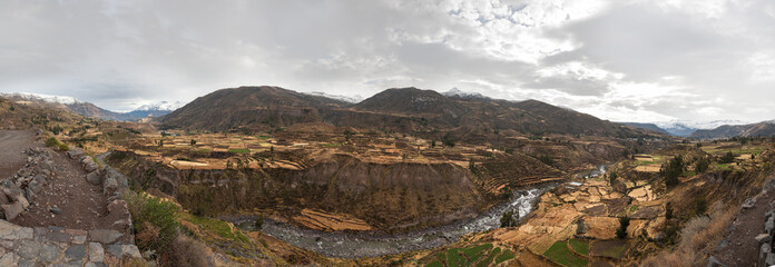 Panoramic view of the Colca Valley in Arequipa, Peru with a Condor bird