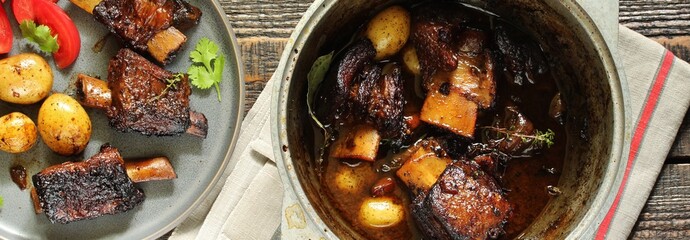 short ribs stew with new potatoes.
long stewed meat. serving with tomatoes and herbs