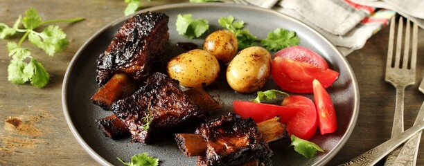 short ribs stew with new potatoes.
long stewed meat. serving with tomatoes and herbs