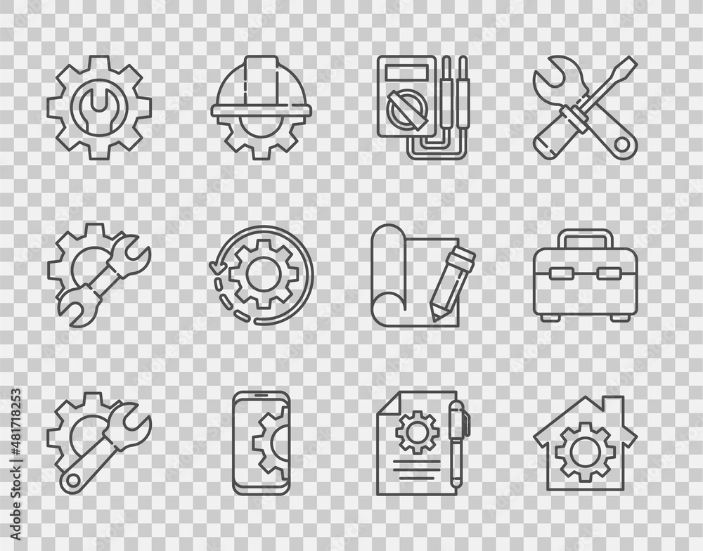 Poster set line wrench spanner and gear, house with, multimeter, setting on smartphone, gear arrows as work