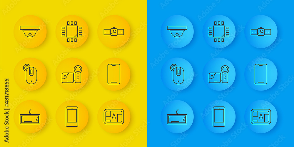 Poster set line keyboard, wireless computer mouse, cinema camera, gps device with map, smartphone, mobile p