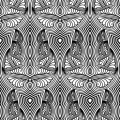 Seamless artistically ethnic pattern with doodle elements for fabrics or textile design. Ornamental repeating background. Tribal design element. Monochrome linear background