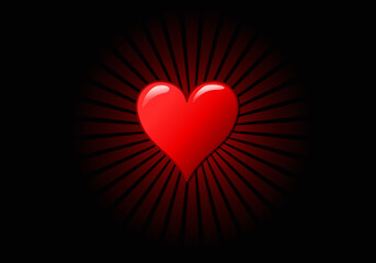Valentine's Day background of a shining red heart and light rays on black background