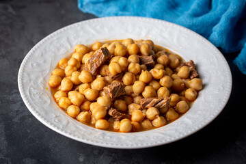 Traditional delicious Turkish foods; Turkish Food Chickpeas with Meat. Turkish name; Etli nohut